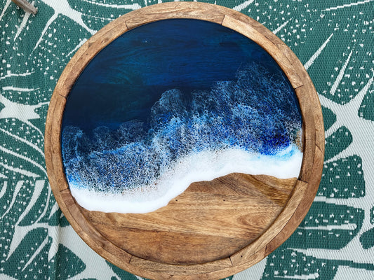Mango Wood Coffee Table with dark blue ocean waves