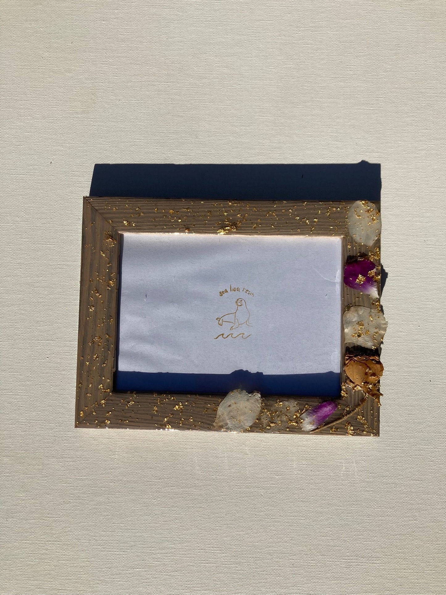 Pressed Flower wooden picture frames ~ 5x7 rustic wood with real flowers and leaves, hand poured resin, and gold foil ~ personalized gift