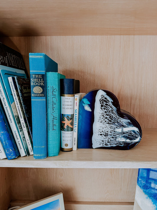 3d resin heart with waves and real sand and seashells ~ beach bookshelf decor
