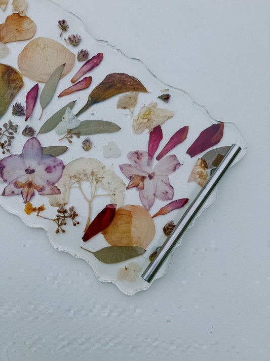 CUSTOM bouquet preservation charcuterie tray ~ flower platter with gold or silver handles and gold foil ~ wedding bouquet graduation