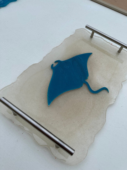 Real sand and sea creature charcuterie tray, custom animal, resin, gold or silver handles ~ serving platter ~ ocean beach hawaii decor