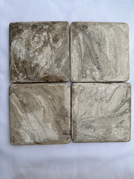 Neutral Coaster Set of 4 ~ marble beige brown tan gold shimmery ~ birch wood ~ square or round ~ boho home decor ~ minimalist style