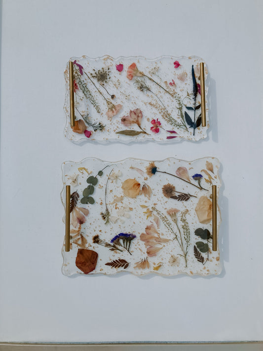 CUSTOM bouquet preservation charcuterie tray ~ flower platter with gold or silver handles and gold foil ~ wedding bouquet graduation