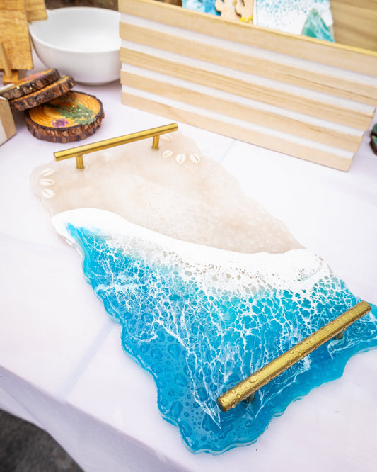 beach serving tray with real sand and seashells ocean resin ~ gold or silver handles ~ bathroom organization house decor table centerpiece