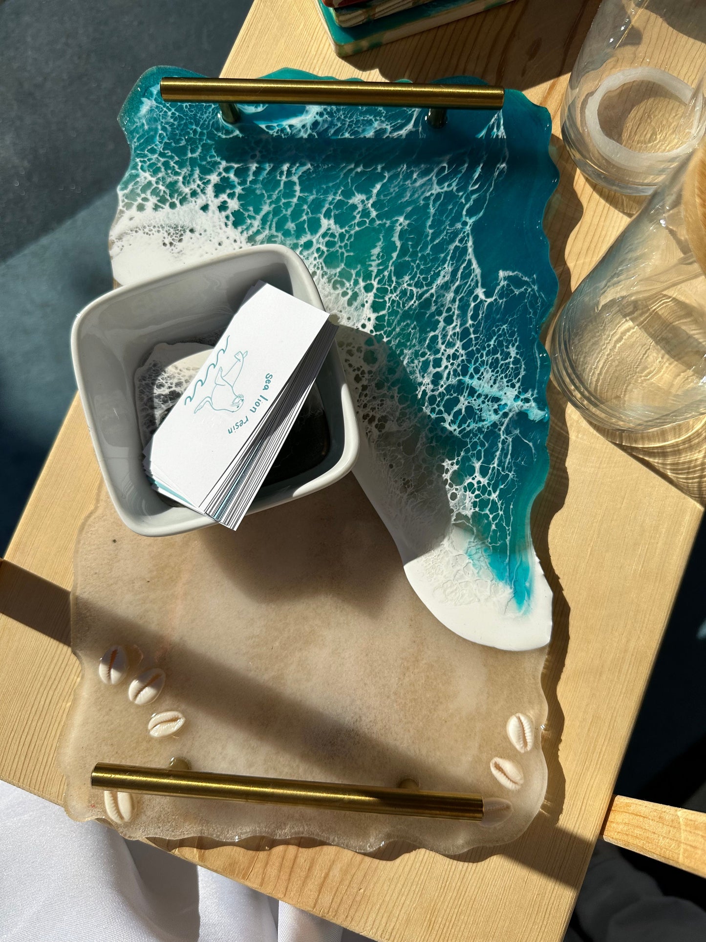 beach serving tray with real sand and seashells ocean resin ~ gold or silver handles ~ bathroom organization house decor table centerpiece