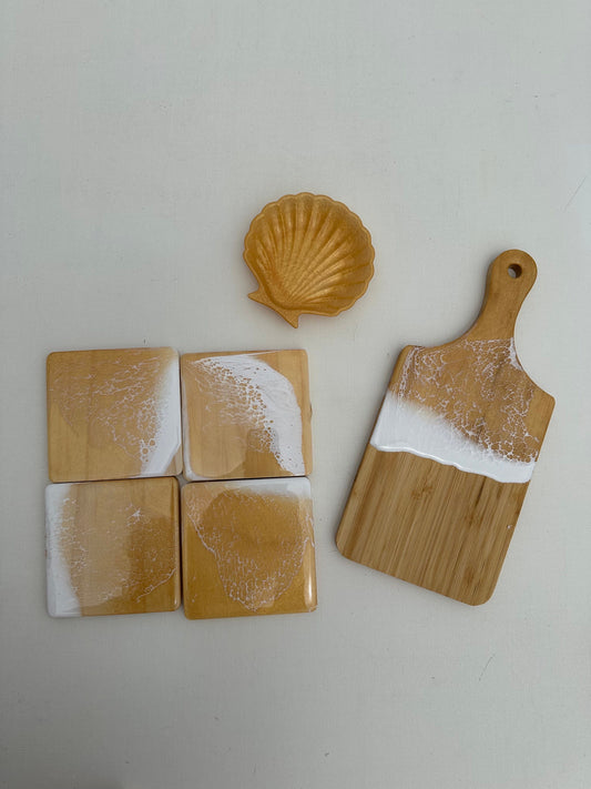 golden hour set ~ bamboo charcuterie board, set of 4 coasters, shell ring dish, shiny gold gift ocean resin waves surf beach kitchen home