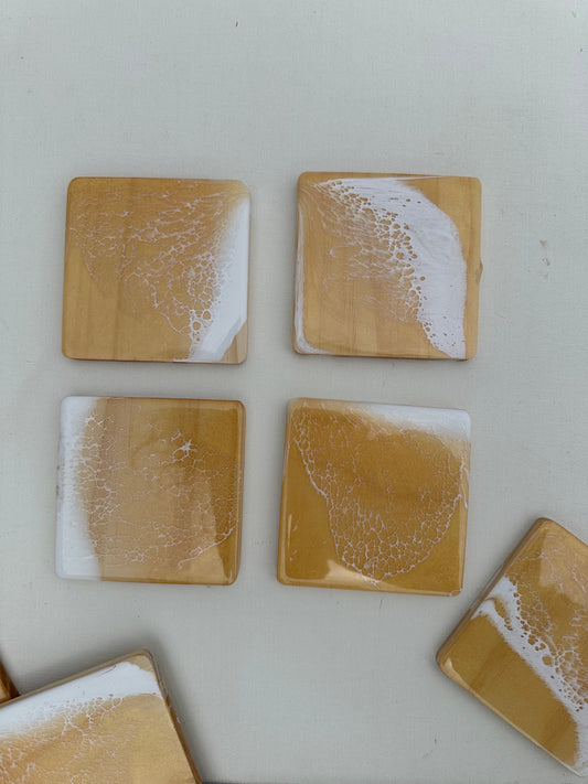 golden hour set ~ bamboo charcuterie board, set of 4 coasters, shell ring dish, shiny gold gift ocean resin waves surf beach kitchen home