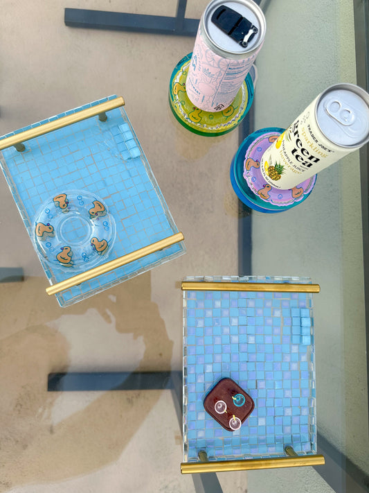 Pool trinket tray ~ Small serving tray or bathroom product tray ~ made with tiles and a small pool floaty! summer decor tray with handles