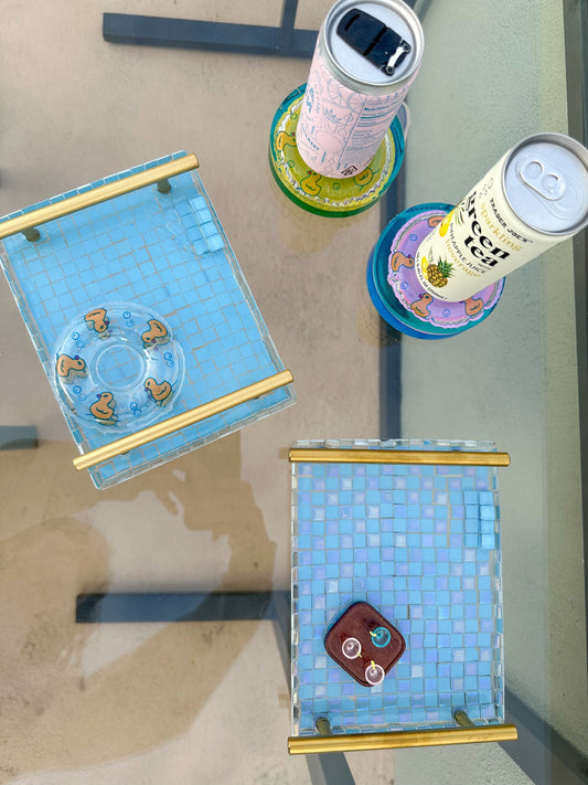 Pool trinket tray with tiny margaritas ~ Small serving tray or bathroom product tray ~ made with real tiles! summer decor tray with handles
