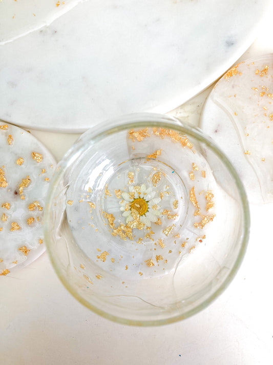 Pressed flower stemless wine glasses ~ daisy