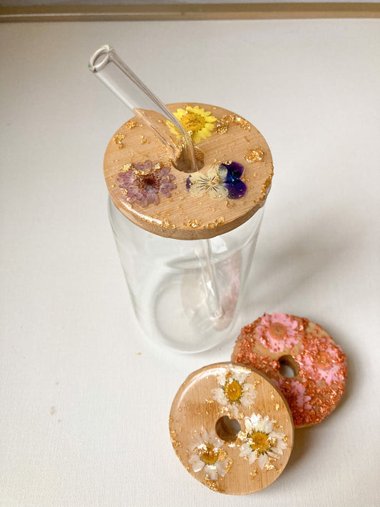 flowery bamboo lid glass drink ware~