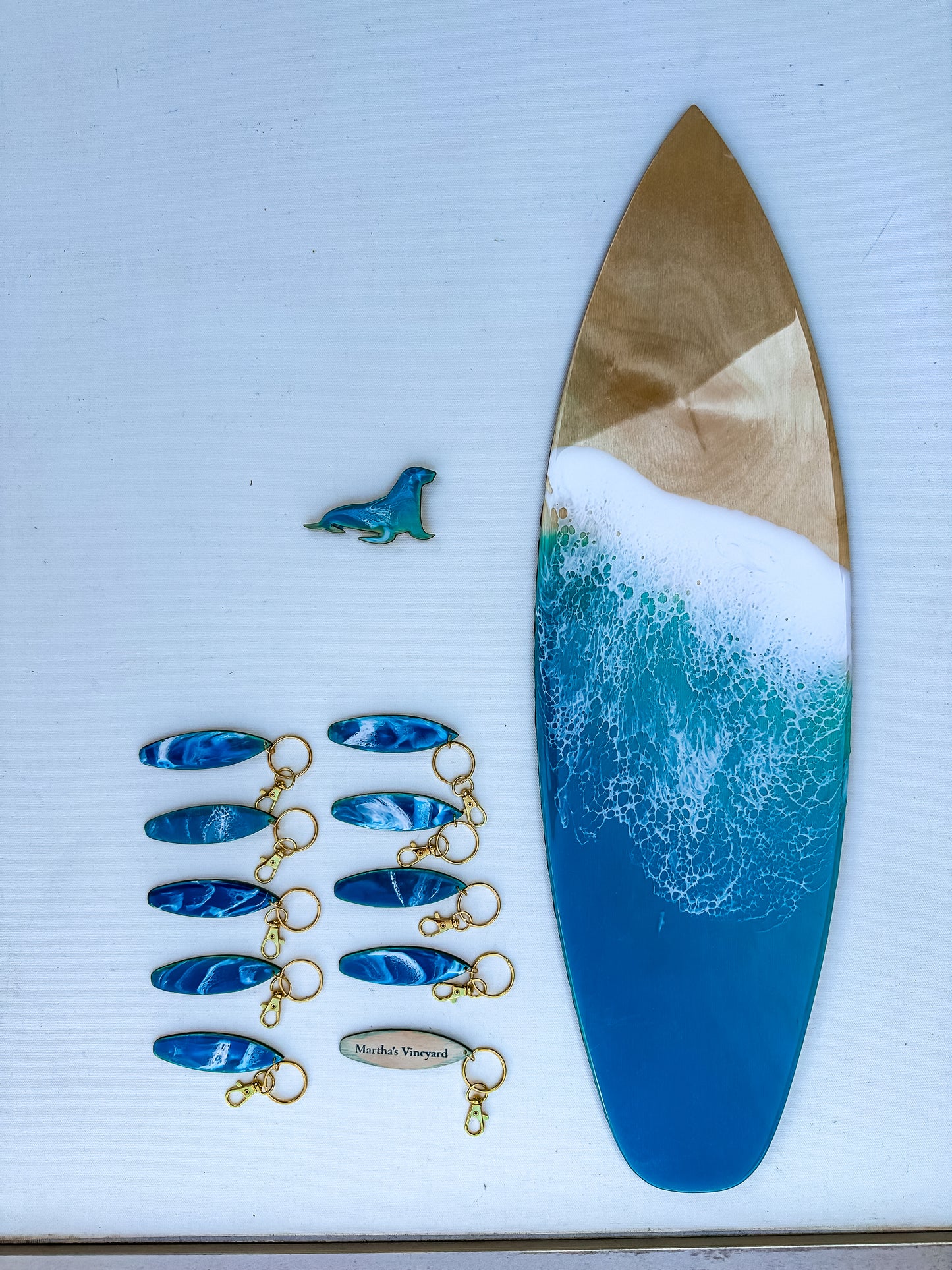 BULK 30 Surfboard Keychain ~ ocean theme  ~ surf beach tropical style ~ wood and resin ~ customizable with your brand or logo ~ keyring