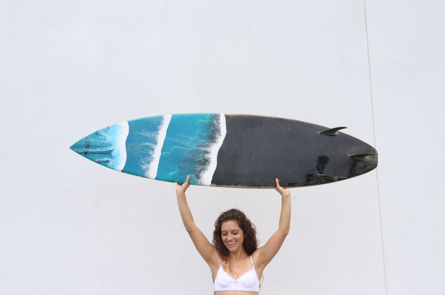 Turquoise Waves and Black Sand Surfboard Art