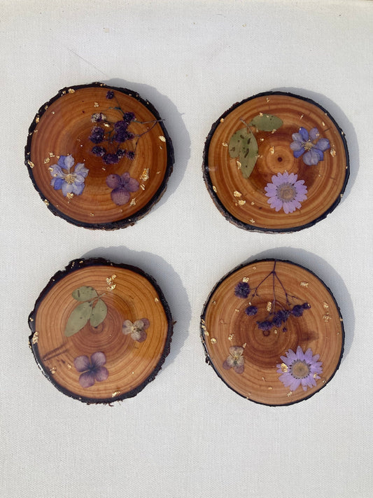 Wood slice coasters with real pressed flowers and leaves ~ custom resin wildflowers gold leaf boho cabin style ~ set of 4 forest rustic