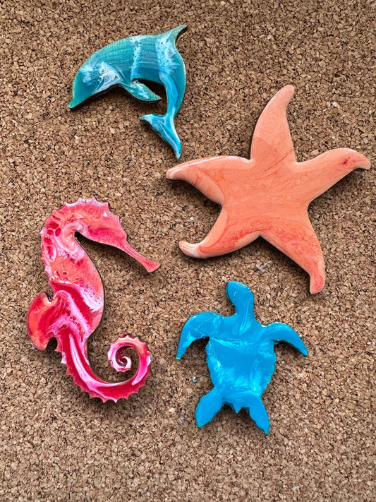 ocean magnet set ~ ocean animals! turtle dolphin seahorse starfish~ set of four refrigerator or office magnets beach house decor~ small gift