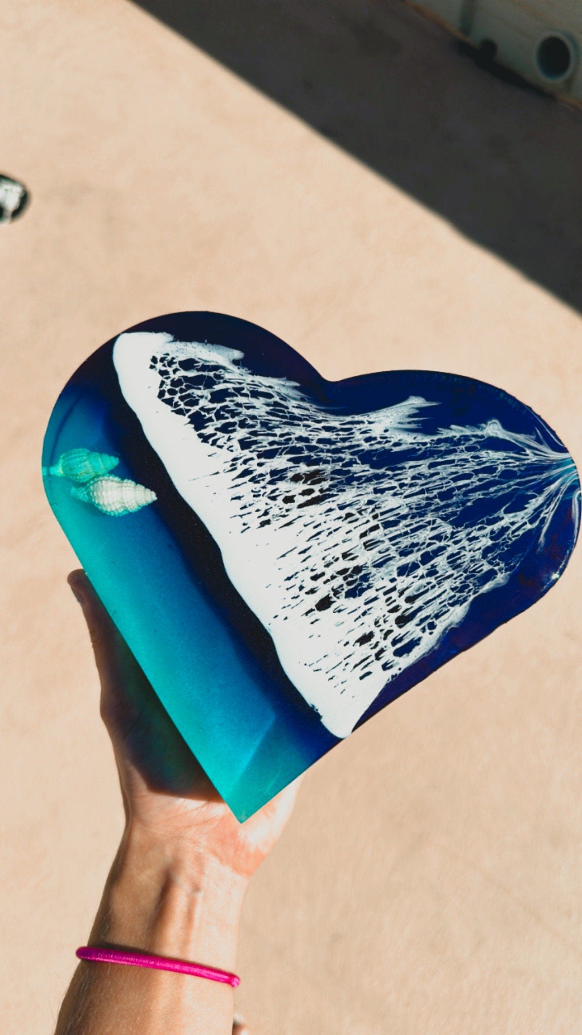 3d resin heart with waves and real sand and seashells ~ beach bookshelf decor